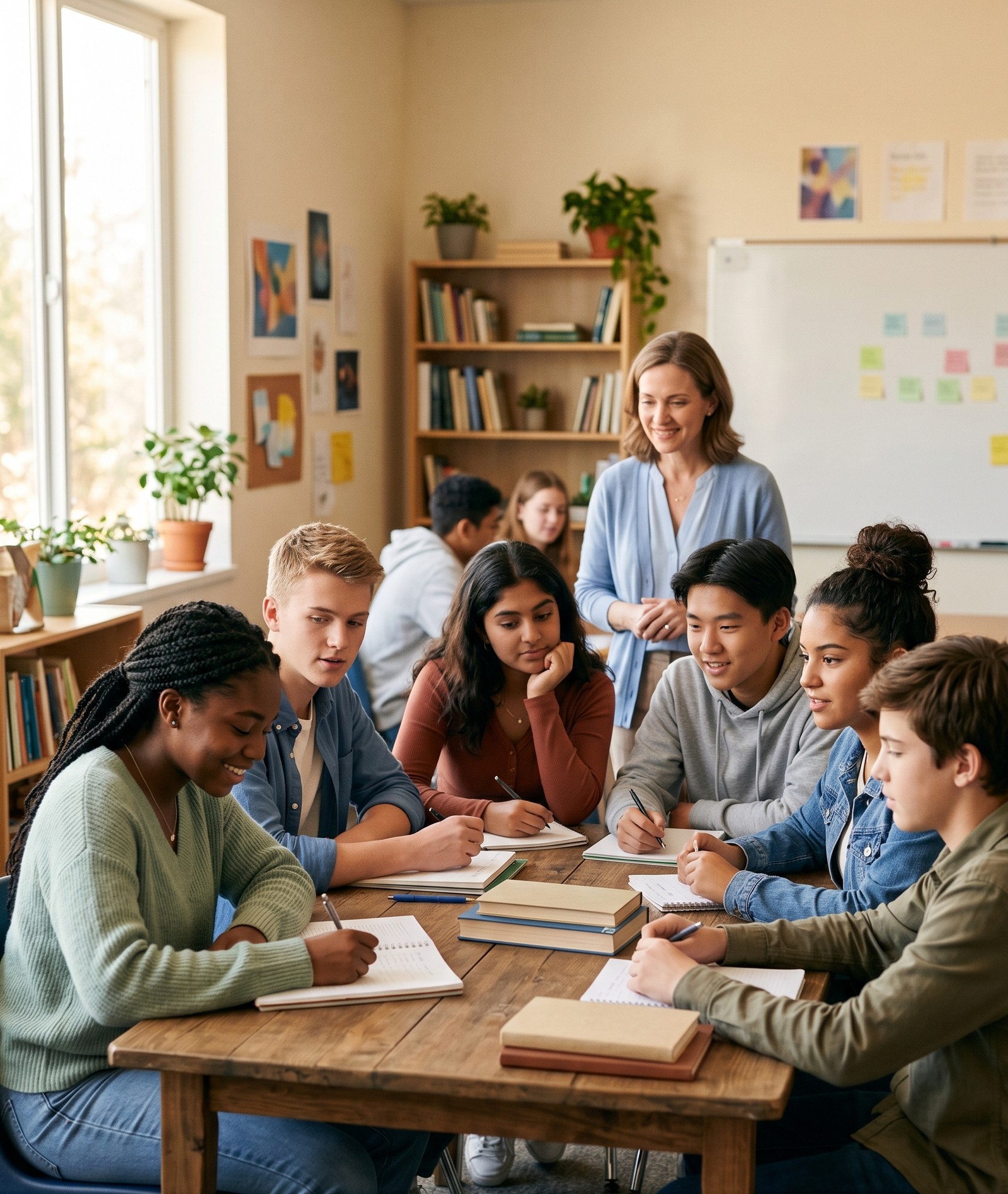 Grupo de adolescentes em círculo praticando atenção plena e meditação